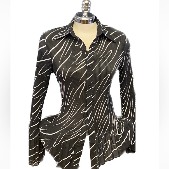 Abstract Crimp Sheer Fabric Collared Button Down Blouse Dress Shirt NWT Sz L - Picture 2 of 7